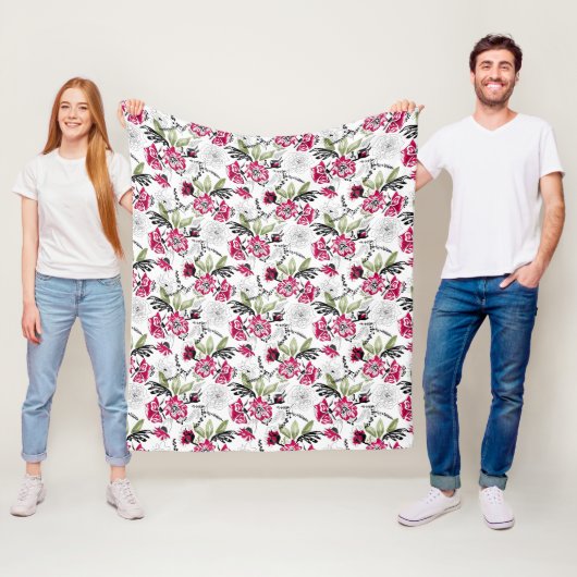 Nahtlose, blumenrosa Blume, grüne Blätter skizzier Fleecedecke (Beispiel)