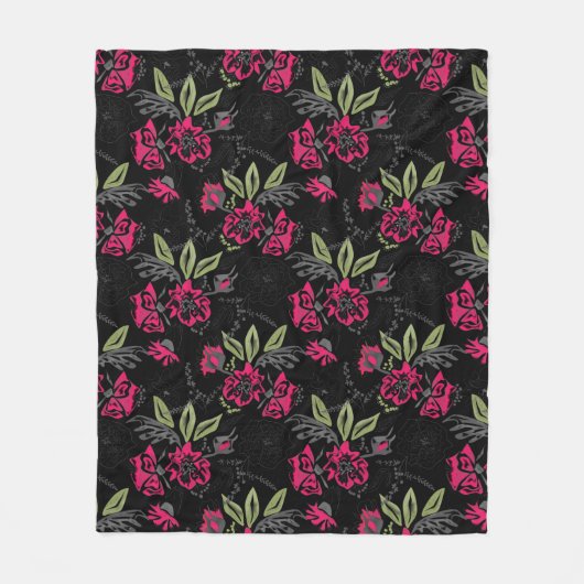 Nahtlose, blumenrosa Blume, grüne Blätter skizzier Fleecedecke (Vorderseite)