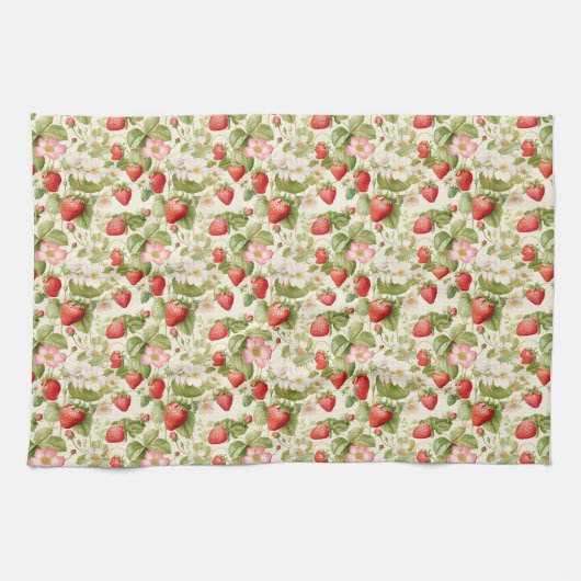Nahtlose Blüte mit roten Erdbeeren Geschirrtuch (Horizontal)