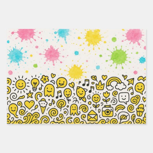 Nahtlose Doodle Art Border in Gelb und Schwarz Tin Geschenkpapier Set (Vorderseite 3)