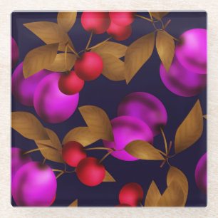 Nahtlose dunkle Pflaumenfrüchte lila Beeren Kirsch Glasuntersetzer