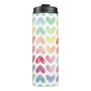 Nahtlose farbenfrohe Wasserfarbe bemalten Herzen p Thermosbecher