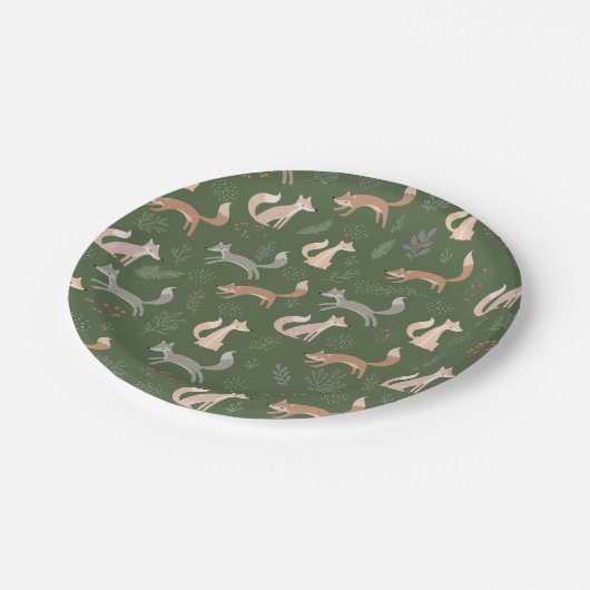 Nahtlose Fox Winter Branches und Blätter Pappteller (Schrägansicht)