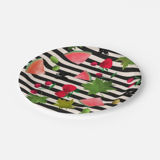 Nahtlose Frischobst Berries Wasserfarbener Cartoon Pappteller (Schrägansicht)