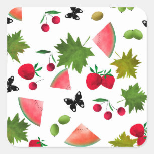 Nahtlose Frischobst Berries Wasserfarbener Cartoon Quadratischer Aufkleber
