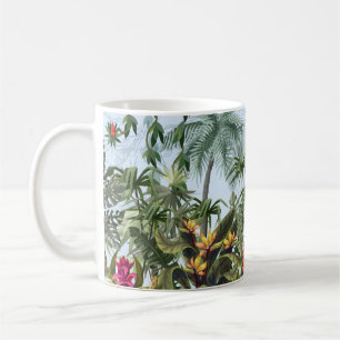Nahtlose Grenze mit Dschungelbäumen und Blume. Vin Kaffeetasse
