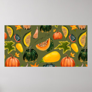 Nahtlose Kürbis- und Blätter auf grünem Boden Poster