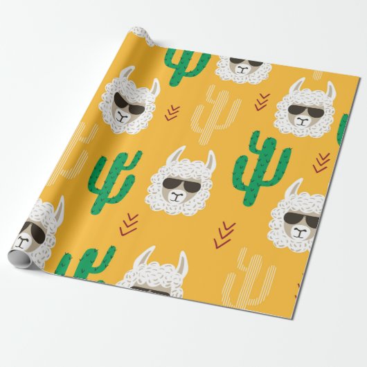 Nahtlose Lama- und Kaktusmuster in Hell Geschenkpapier (Ungerollt)
