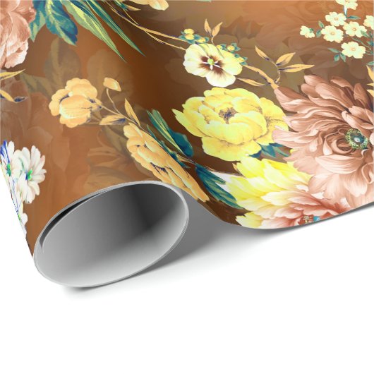 Nahtlose Mix-Blume auf orangefarbenem Hintergrund Geschenkpapier (Rolleneckpunkt)