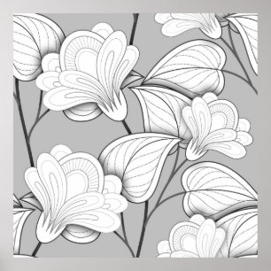 Nahtlose monochrome Blumenmuster Hand Drawn Flo Poster