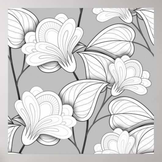 Nahtlose monochrome Blumenmuster Hand Drawn Flo Poster (Vorne)