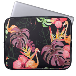 Nahtlose Muster der Blume des Hibiskus, Flamingos  Laptopschutzhülle