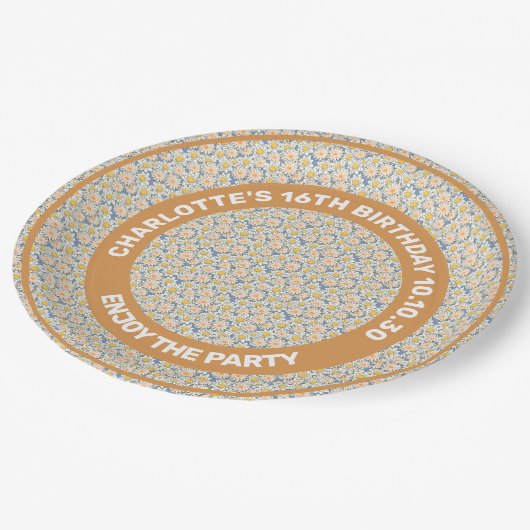 Nahtlose Muster der Sommerferien-Blume auf Grau Pappteller (Schrägansicht)