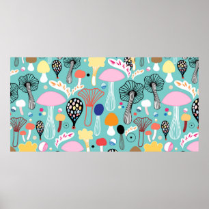 nahtlose Muster farbiger Pilze auf grünem Gelb Poster
