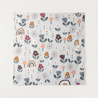 Nahtlose Muster mit blumigen Regenbogen und Handtr Wandteppich