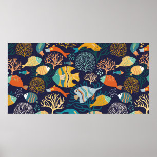 Nahtlose Muster mit farbigen Fischen und aquatisch Poster
