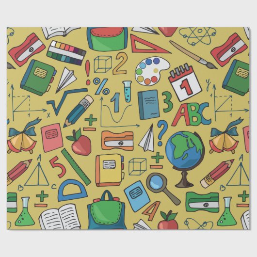 Nahtlose Muster mit gelbem Schulbedarf  Geschenkpapier (Flach)