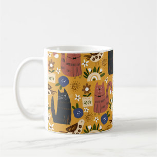 Nahtlose Muster mit niedlichen Katzen und Vögeln. Kaffeetasse