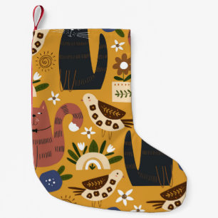 Nahtlose Muster mit niedlichen Katzen und Vögeln. Kleiner Weihnachtsstrumpf