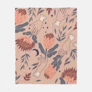 Nahtlose Muster mit Vögeln, Protea-Blume und ha Fleecedecke