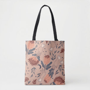 Nahtlose Muster mit Vögeln, Protea-Blume und ha Tasche