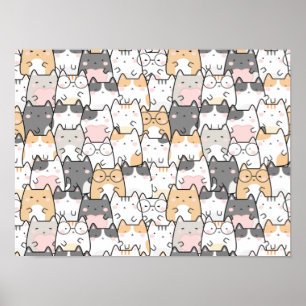 Nahtlose Muster Niedlich Kawaii Katzen Poster