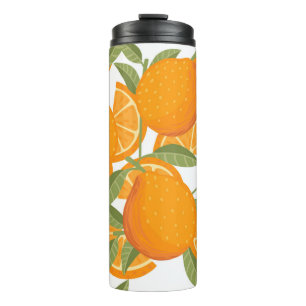Nahtlose Muster orangefarbener Zitrusfrüchte, die Thermosbecher