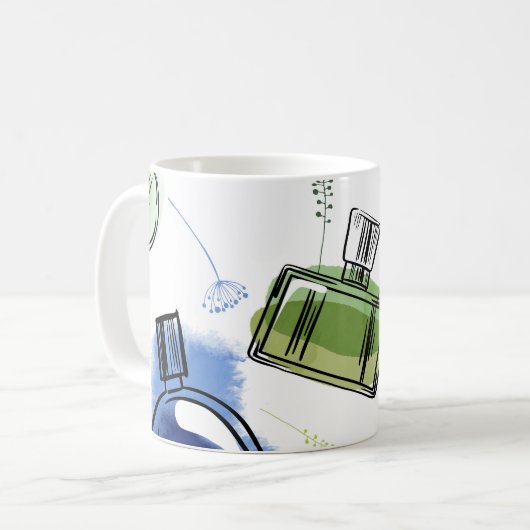 Nahtlose Muster Parfflasche und Aquarelltext Kaffeetasse (Vorderseite Links)