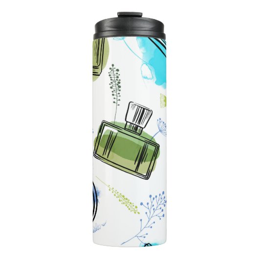 Nahtlose Muster Parfflasche und Aquarelltext Thermosbecher (Vorderseite)