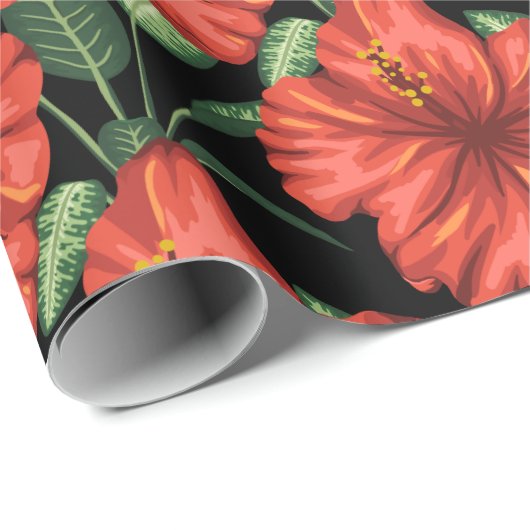 Nahtlose Muster Tropisch rote Blume grüne Blätter Geschenkpapier (Rolleneckpunkt)