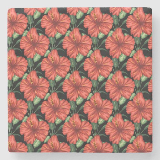 Nahtlose Muster Tropisch rote Blume grüne Blätter Steinuntersetzer (Vorderseite)