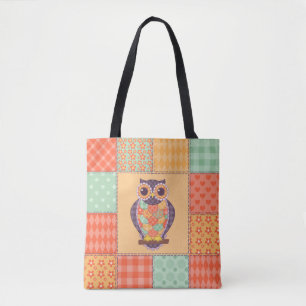 Nahtlose Patchwork-Eule-Muster. Vintager Hintergru Tasche