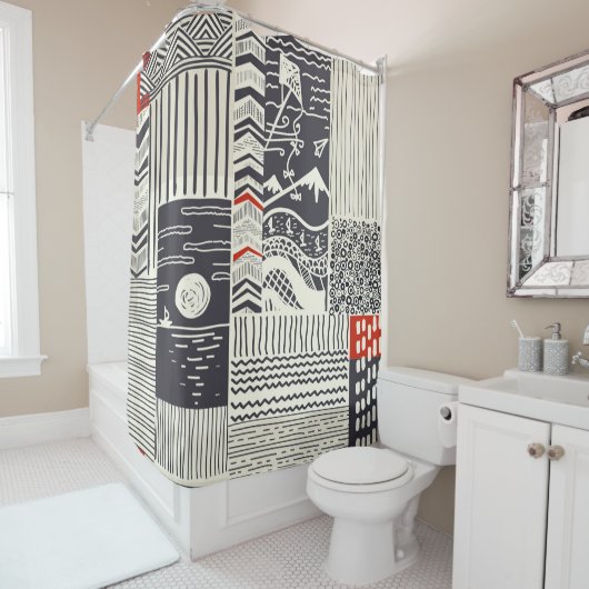 Nahtlose Patchwork-Muster aus abstrakten Doodles. Duschvorhang (Beispiel)