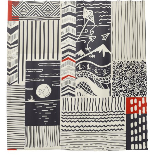 Nahtlose Patchwork-Muster aus abstrakten Doodles.  Duschvorhang (Vorderseite)