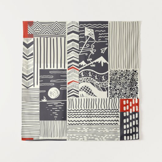 Nahtlose Patchwork-Muster aus abstrakten Doodles.  Wandteppich (Vorderseite)