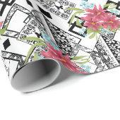 Nahtlose rosa Blume mit blumengeschmücktem Schwarz Geschenkpapier (Rolleneckpunkt)