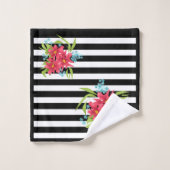 Nahtlose rosa Blume mit Schwarz-weißem Streifen Badhandtuch Set (Waschlappen)