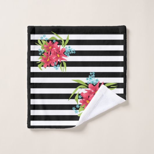 Nahtlose rosa Blume mit Schwarz-weißem Streifen Badhandtuch Set (Waschlappen)