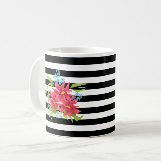 Nahtlose rosa Blume mit Schwarz-weißem Streifen Kaffeetasse (Vorderseite Links)