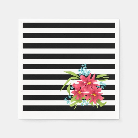 Nahtlose rosa Blume mit Schwarz-weißem Streifen Serviette (Vorderseite)