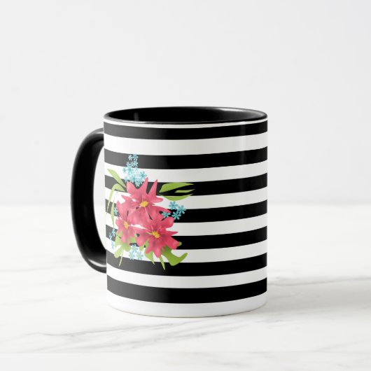Nahtlose rosa Blume mit Schwarz-weißem Streifen Tasse (Vorderseite Links)