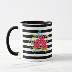 Nahtlose rosa Blumen floral schwarz weiß gestreift Tasse