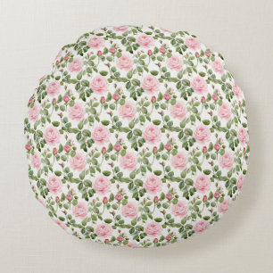 Nahtlose Rosen in Rosa mit grünen Blättern Rundes Kissen