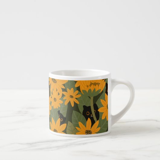 Nahtlose Schwarze Katze und Sonnenblumenmuster Espressotasse (Rechts)