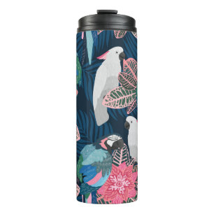 Nahtlose tropische Muster mit Papageien. Vintager Thermosbecher