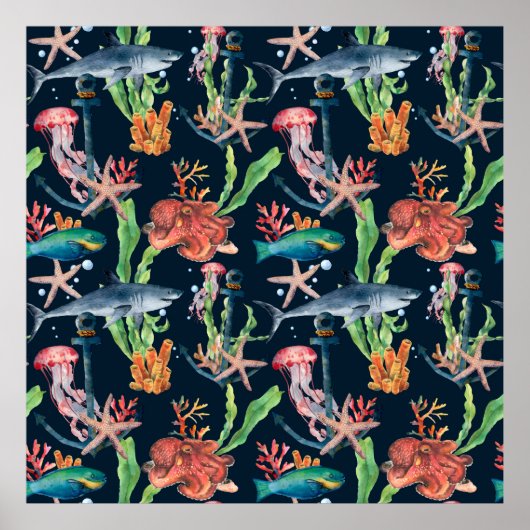 Nahtlose Wasserfarbe mit Hai und Laminat Poster (Vorne)