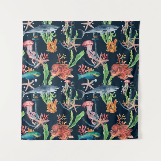 Nahtlose Wasserfarbe mit Hai und Laminat Wandteppich (Vorderseite)