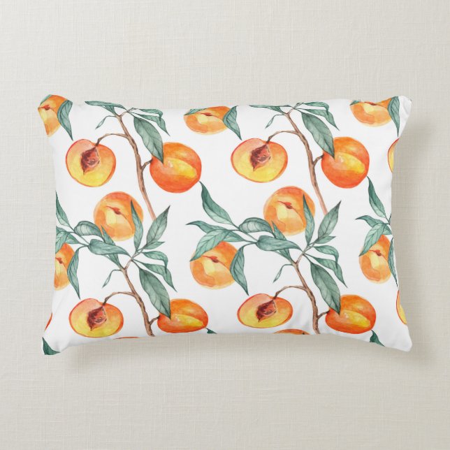Nahtlose Wasserfarbenmuster mit Pfirsichen auf ein Dekokissen (Vorderseite)