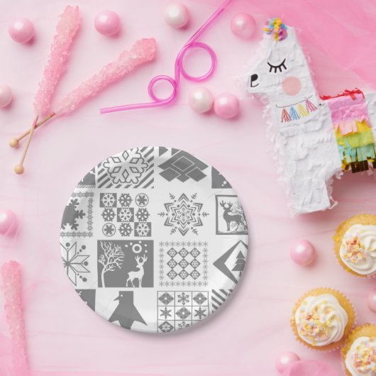 Nahtlose Weihnachtspatchwork Schneeflocken Pappteller (Party)