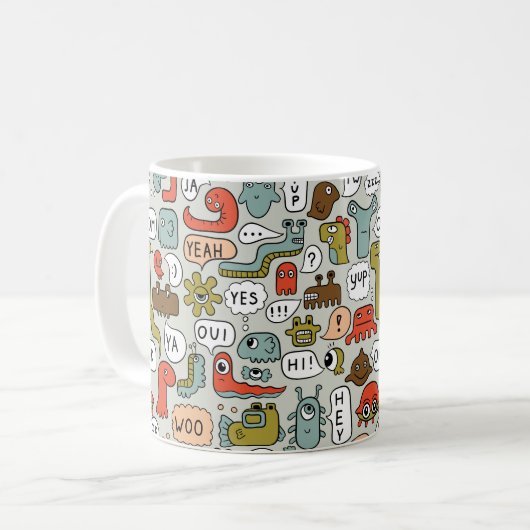 nahtloser Hintergrund mit Monstern niedlicher Cart Kaffeetasse (Vorderseite Links)
